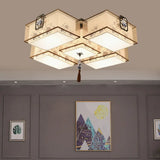 Classic White Flush Mount Ceiling Light - 5 - Light Fixture With Rectangle Fabric Shade