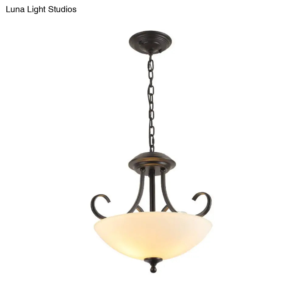 Classic White Frosted Glass 3-Bulb Pendant Chandelier With Scroll Arm