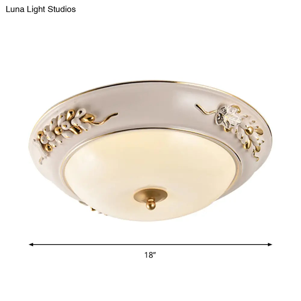 Classic White Led Flush Ceiling Light Fixture With Opal Glass Bowl - Embossed Spikelet Décor