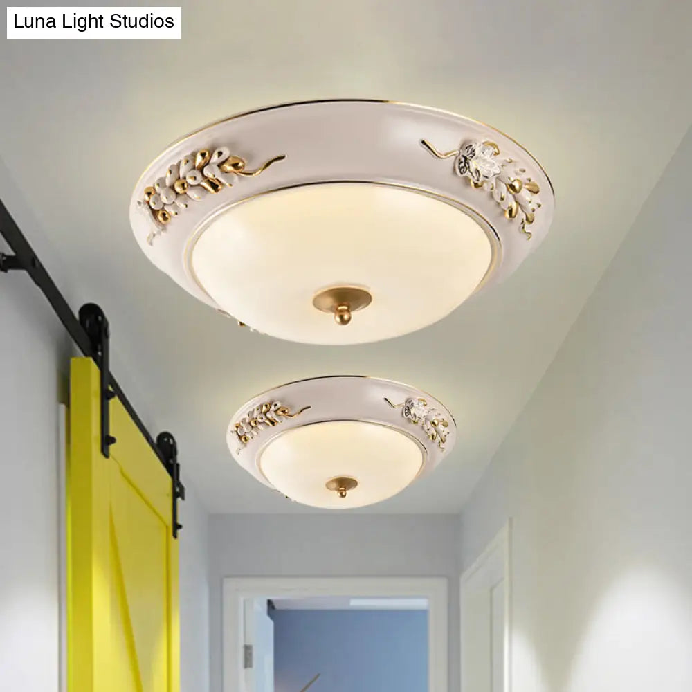 Classic White Led Flush Ceiling Light Fixture With Opal Glass Bowl - Embossed Spikelet Décor