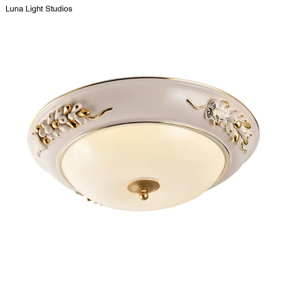 Classic White Led Flush Ceiling Light Fixture With Opal Glass Bowl - Embossed Spikelet Décor