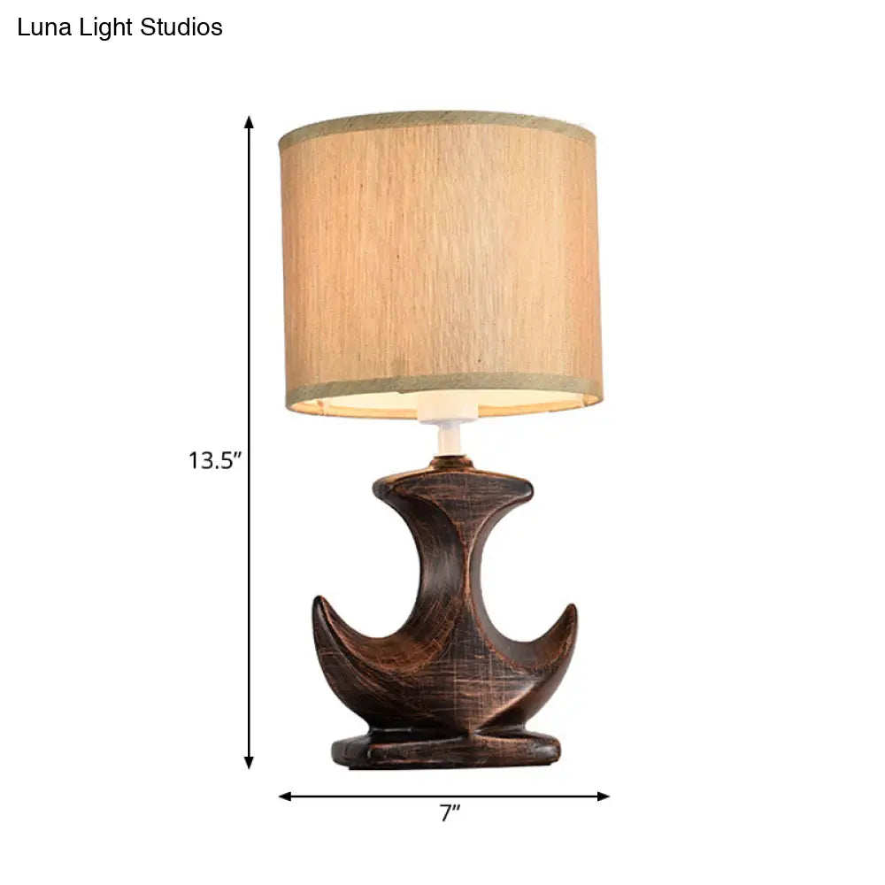 Classic White/Tan Cylinder Desk Lamp With Ceramic Sailboat Base - Plug-In Table Light