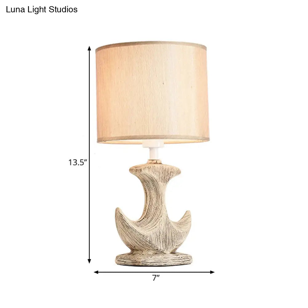 Classic White/Tan Cylinder Desk Lamp With Ceramic Sailboat Base - Plug-In Table Light