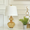 Classic White Tapered Drum Nightstand Lamp With Elegant Gold Gourd Base 1 Light