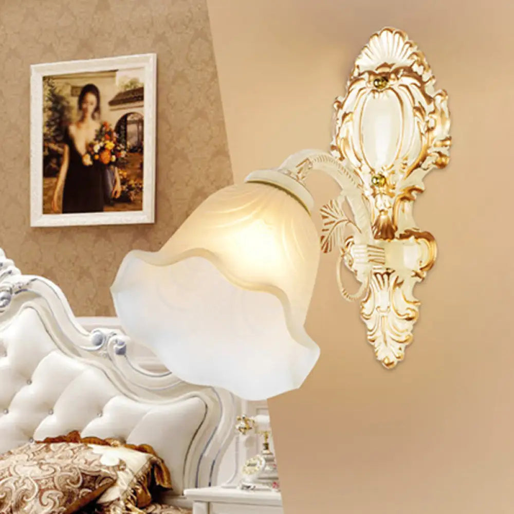 Classic White Wall Light With Single-Bulb & Frosted Glass Flower Shade / E