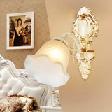 Classic White Wall Light With Single-Bulb & Frosted Glass Flower Shade / E