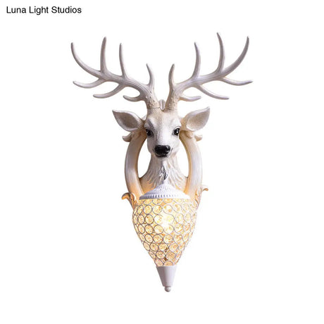 Clear Beveled Crystal Sconce With Rural White/Brown/Black Finish And Faux Elk Backplate - Bedroom
