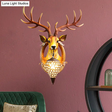Clear Beveled Crystal Sconce With Rural White/Brown/Black Finish And Faux Elk Backplate - Bedroom