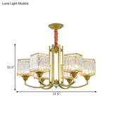 Clear Crystal Ceiling Pendant Chandelier With Gold Arm - Contemporary Design Cubic Shade 3/6 Bulbs