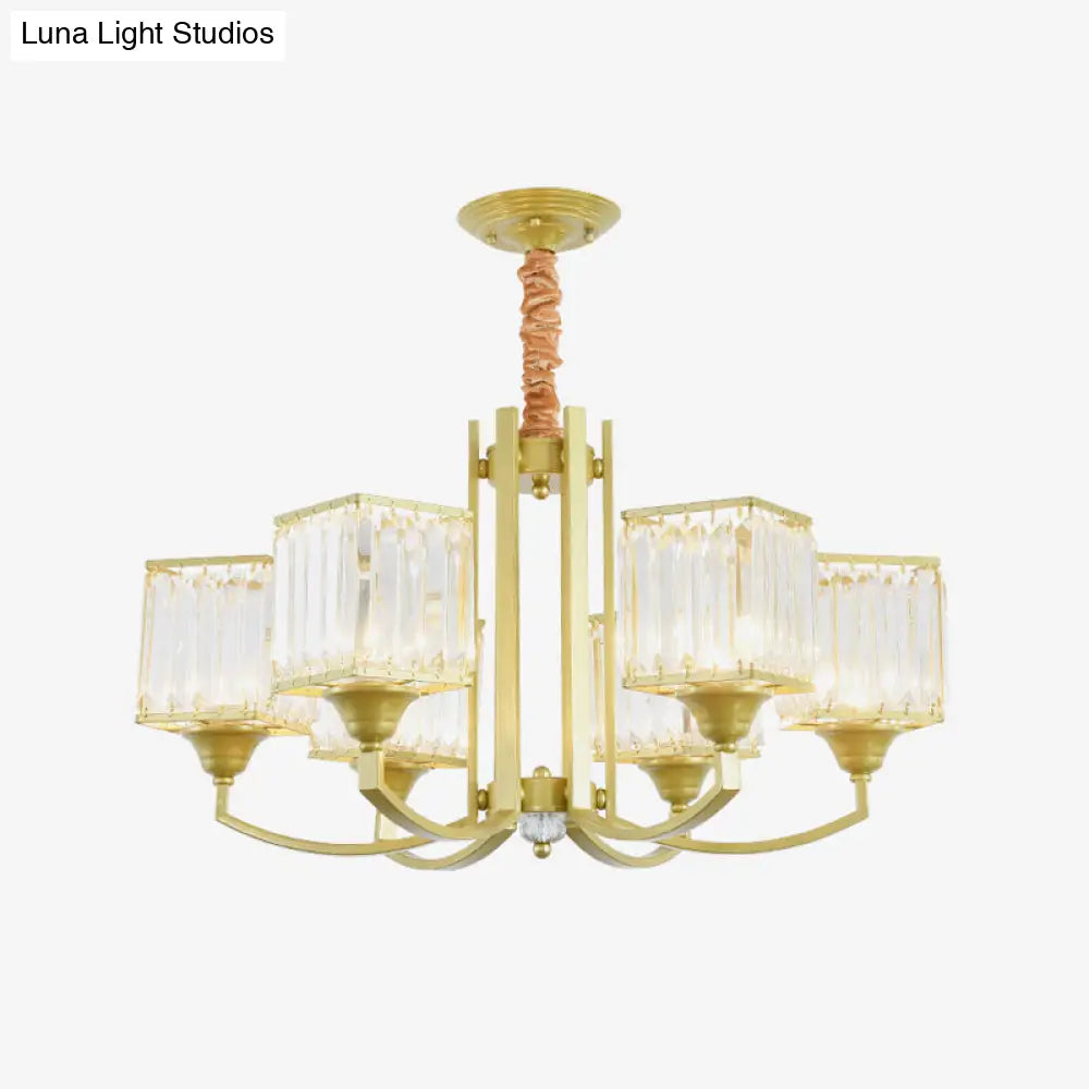 Clear Crystal Ceiling Pendant Chandelier With Gold Arm - Contemporary Design Cubic Shade 3/6 Bulbs