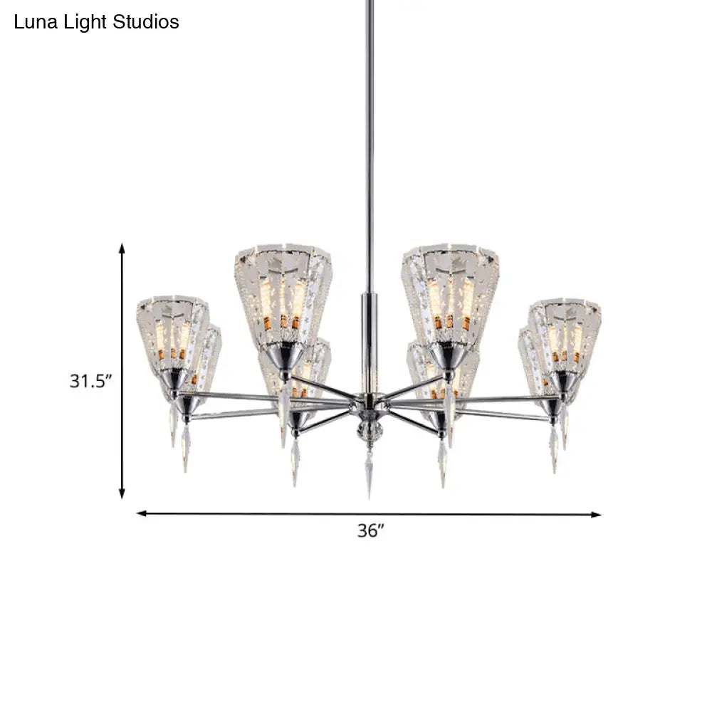 Clear Crystal Cone Shade Chandelier With Straight Metal Arms In Chrome