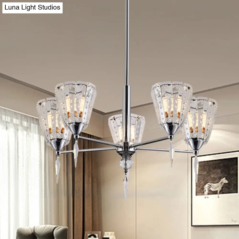 Clear Crystal Cone Shade Chandelier With Straight Metal Arms In Chrome