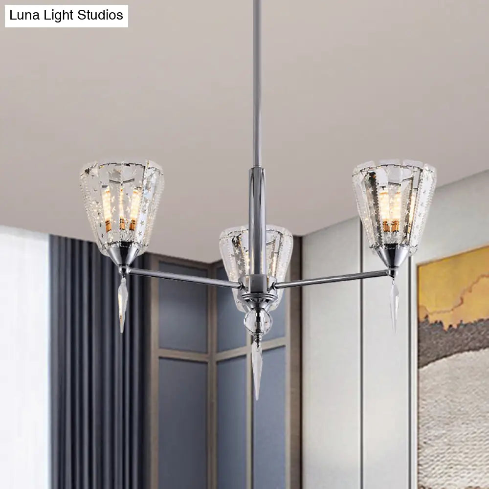 Clear Crystal Cone Shade Chandelier With Straight Metal Arms In Chrome