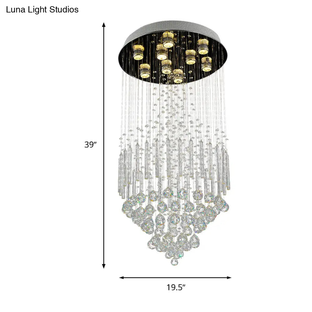 Clear Crystal Conical Flush Mount With 9 Lights - Minimalist White Light For Living Room