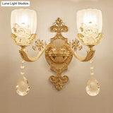 Clear Crystal Floral Shade Wall Lamp - Traditional Brass Sconce Light With Curvy Arm 1/2-Head