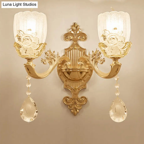Clear Crystal Floral Shade Wall Lamp - Traditional Brass Sconce Light With Curvy Arm 1/2-Head