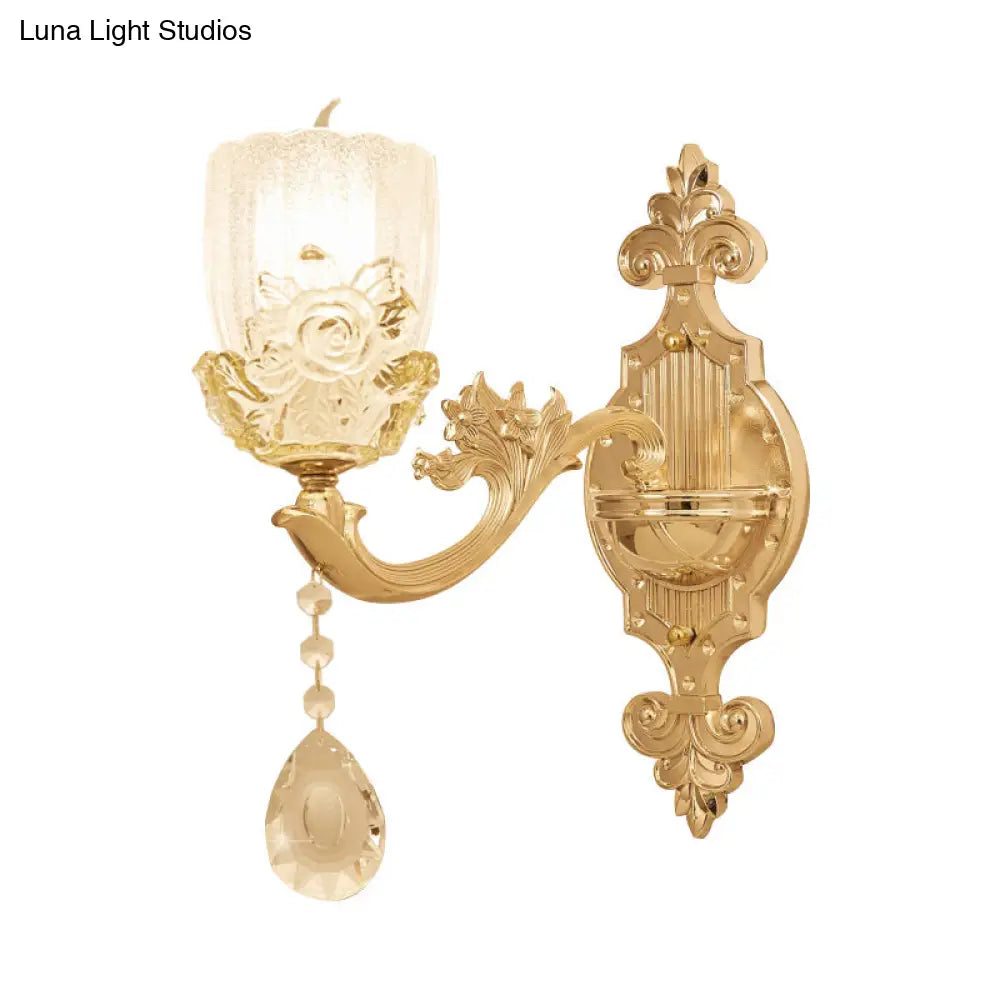 Clear Crystal Floral Shade Wall Lamp - Traditional Brass Sconce Light With Curvy Arm 1/2-Head