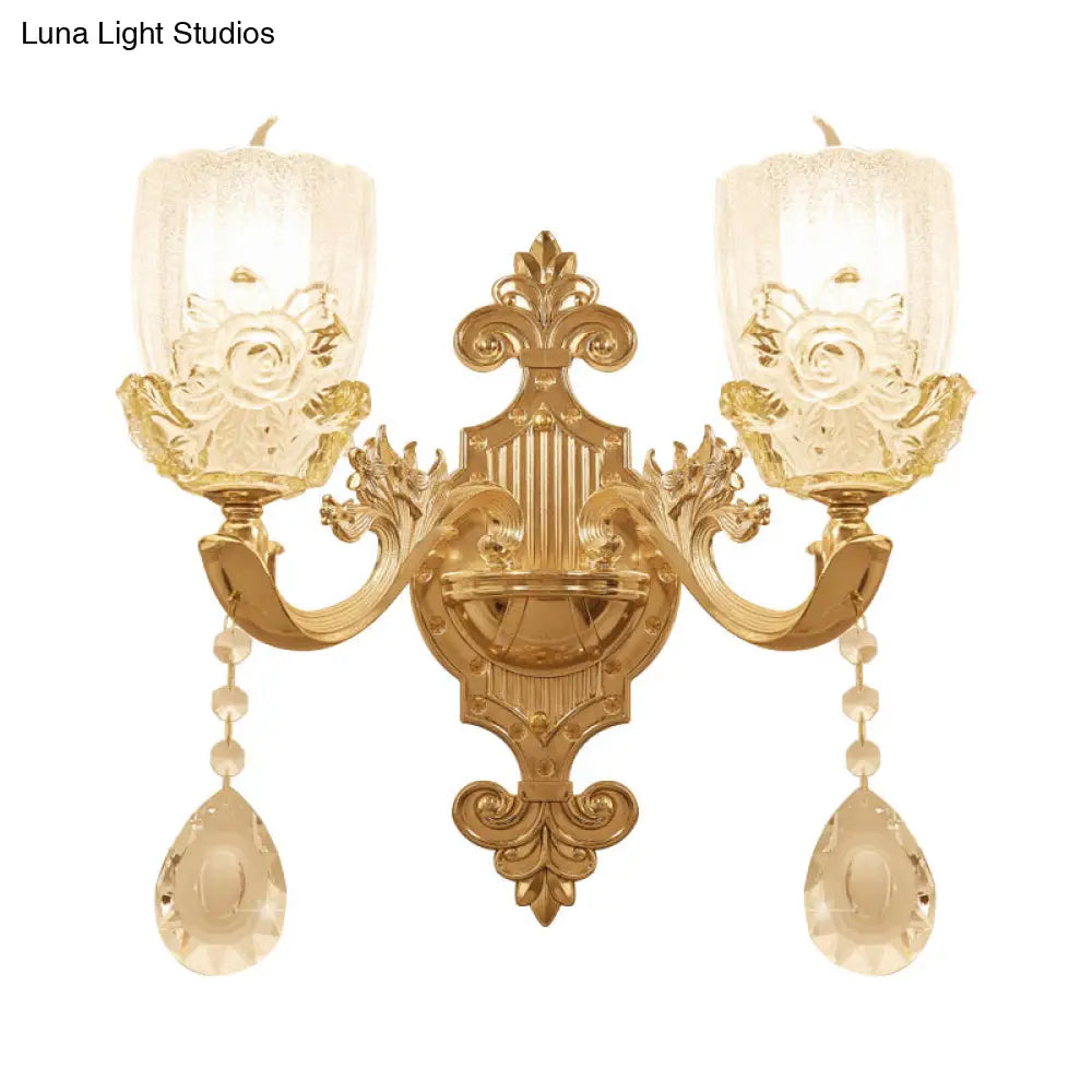 Clear Crystal Floral Shade Wall Lamp - Traditional Brass Sconce Light With Curvy Arm 1/2-Head