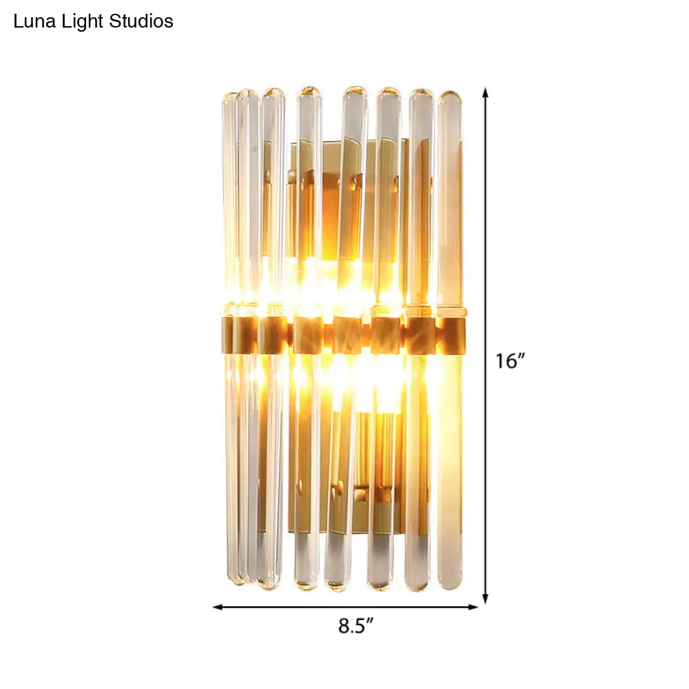 Clear Crystal Half-Cylindrical Wall Sconce Lamp: Contemporary Brass Finish Lighting For Bedroom