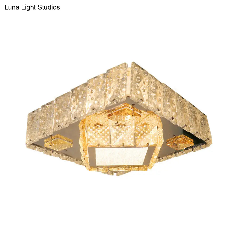 Clear Crystal Led Flush Mount Light Fixture With Modern Square Stainless - Steel Design