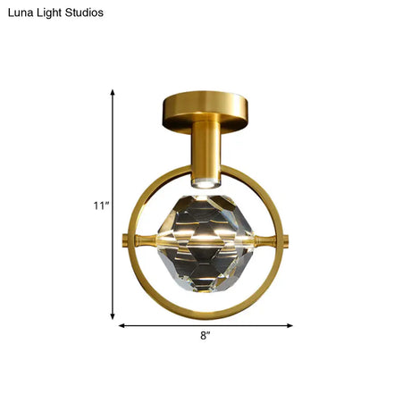Clear Crystal Led Porch Ceiling Light: Beveled Hexahedron/Ball Semi Flush Mount Modern Brass