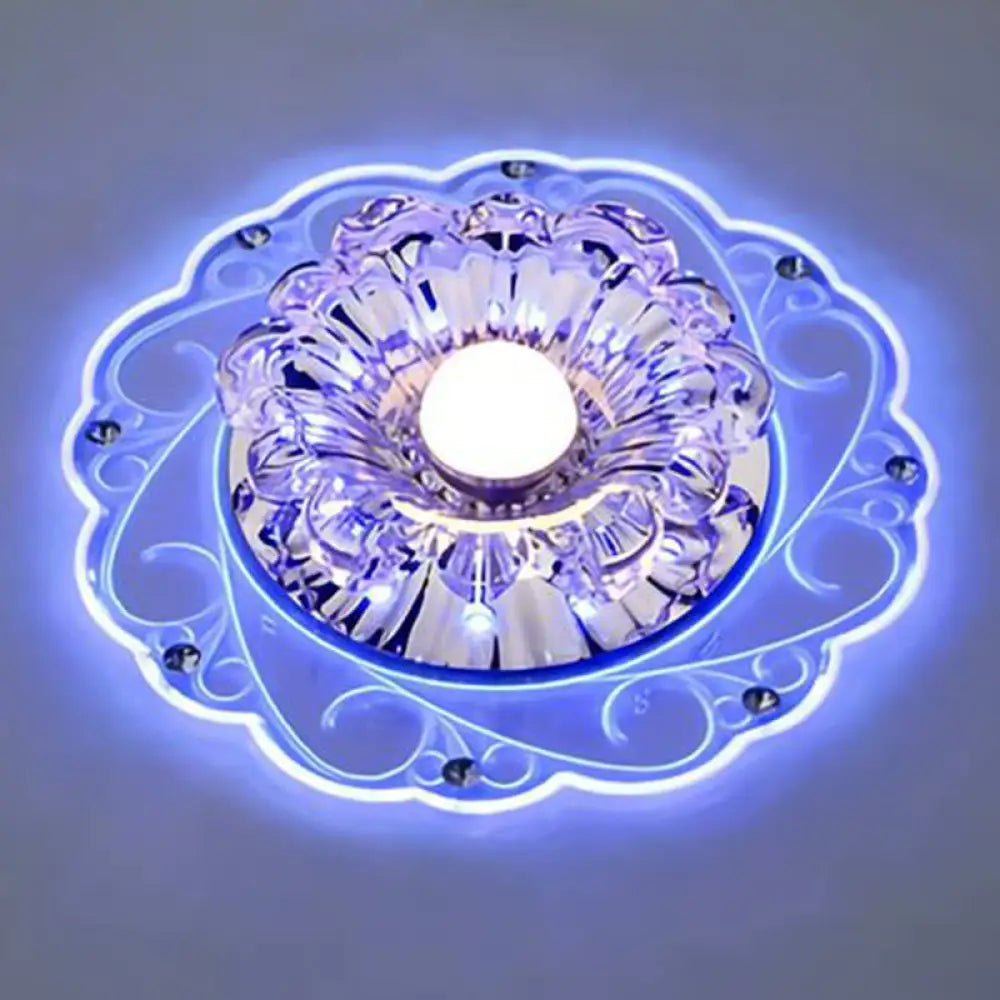 Clear Floral Led Crystal Ceiling Light - Contemporary Flush Mount For Hallways / 3W Blue