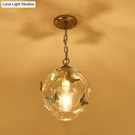 Clear Glass Bud Drop Pendant Light - Contemporary 1-Light Bedroom Suspension Lamp With Butterfly