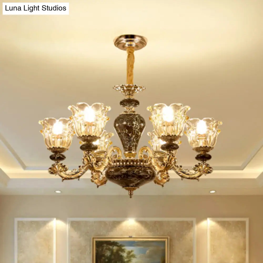 Clear Glass Flower Up Chandelier In Coffee - Traditional Bedroom Hanging Light Fixture