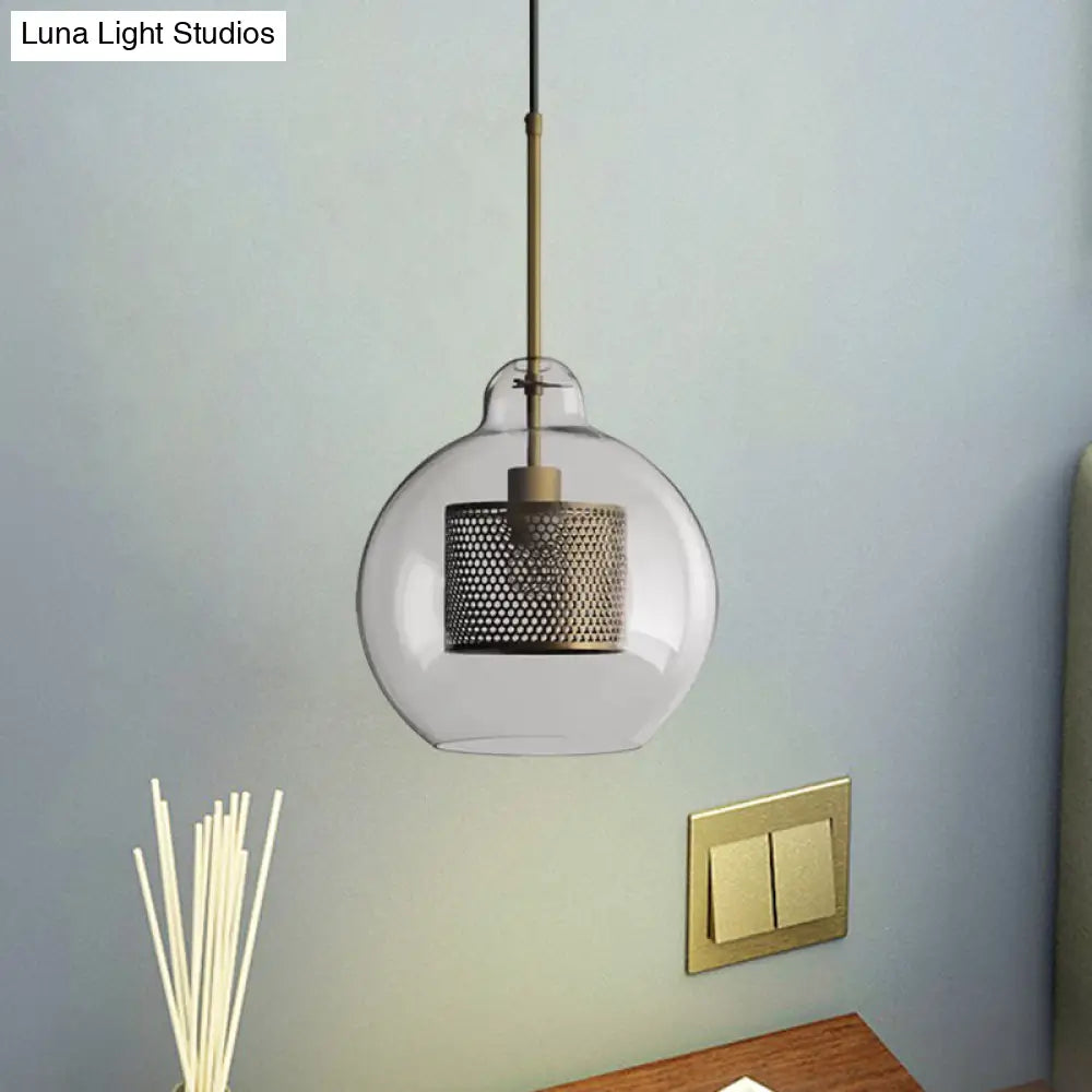 Clear Glass Globe Pendant Colonial 1 Head Restaurant Down Lighting - Bronze/Silver Gray With Metal