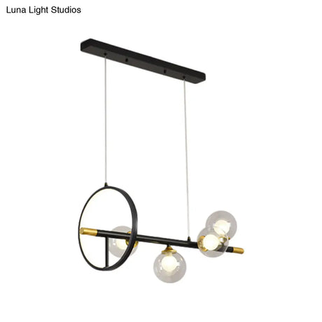 Clear Glass Molecular Island Chandelier - 4/6-Light Pendant In Black With Metal Ring Deco