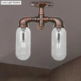 Clear Glass Weathered Copper Ceiling Lighting - Industrial Semi Flush With Pipe Design 2 Lights