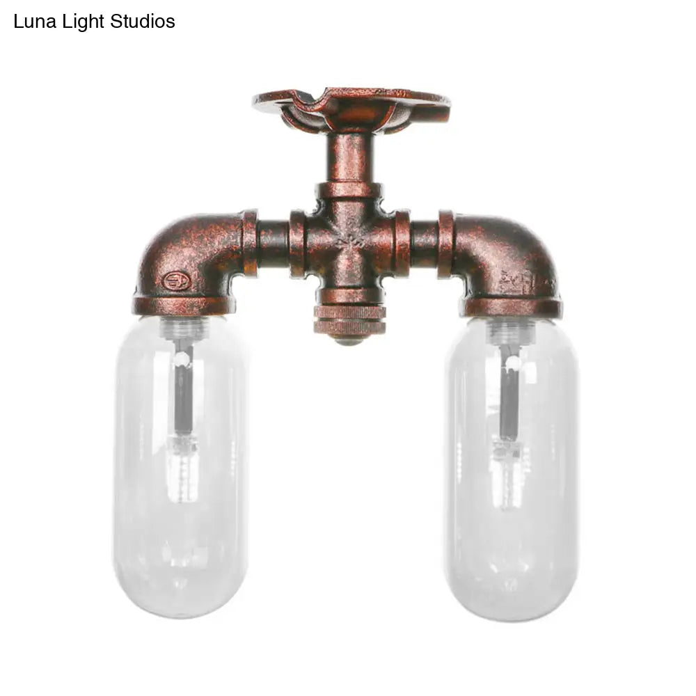 Clear Glass Weathered Copper Ceiling Lighting - Industrial Semi Flush With Pipe Design 2 Lights