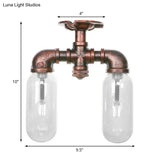 Clear Glass Weathered Copper Ceiling Lighting - Industrial Semi Flush With Pipe Design 2 Lights
