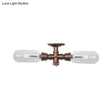 Clear Glass Weathered Copper Ceiling Lighting - Industrial Semi Flush With Pipe Design 2 Lights