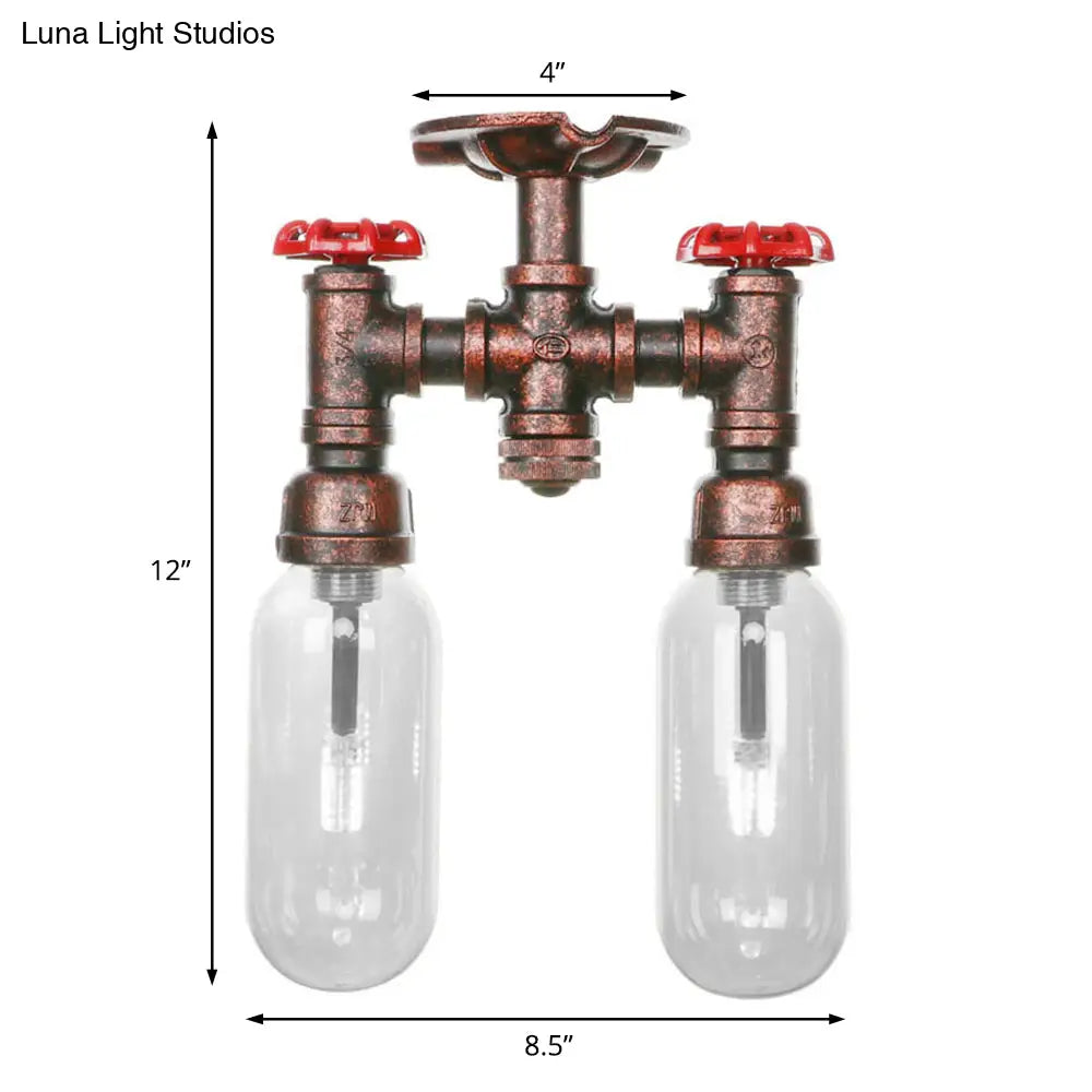 Clear Glass Weathered Copper Ceiling Lighting - Industrial Semi Flush With Pipe Design 2 Lights