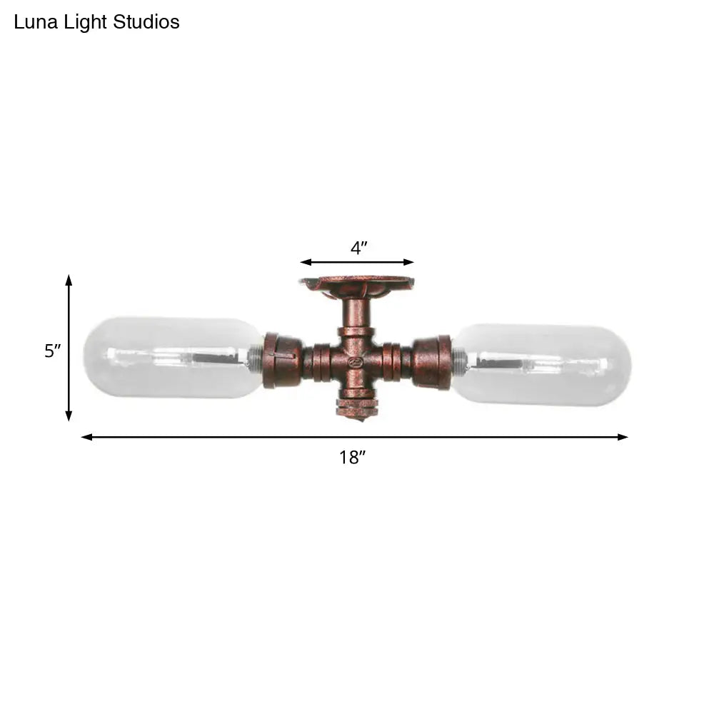 Clear Glass Weathered Copper Ceiling Lighting - Industrial Semi Flush With Pipe Design 2 Lights