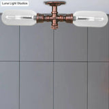 Clear Glass Weathered Copper Ceiling Lighting - Industrial Semi Flush With Pipe Design 2 Lights