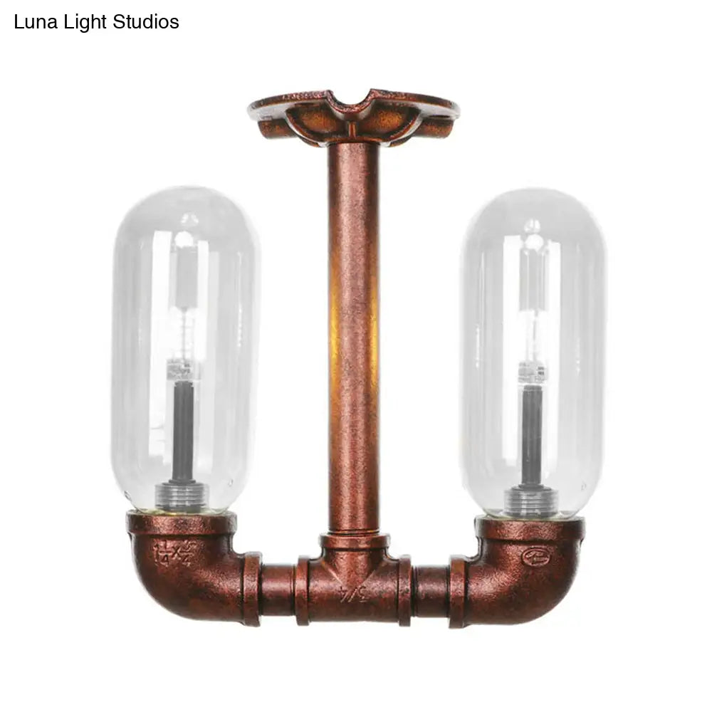 Clear Glass Weathered Copper Ceiling Lighting - Industrial Semi Flush With Pipe Design 2 Lights
