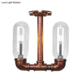 Clear Glass Weathered Copper Ceiling Lighting - Industrial Semi Flush With Pipe Design 2 Lights