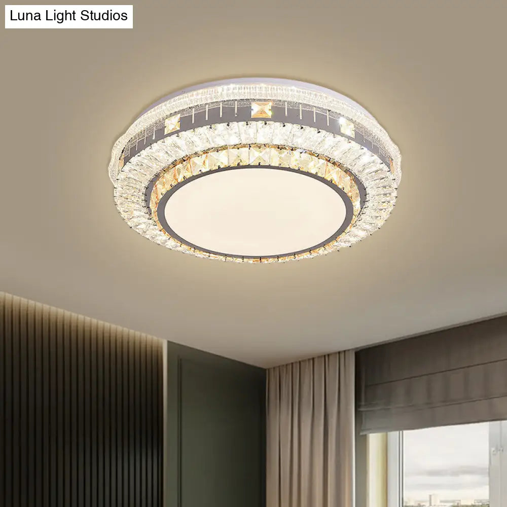 Clear Led Crystal Block Light Fixture - Modern Round Stainless-Steel Flush Mount For Great Room