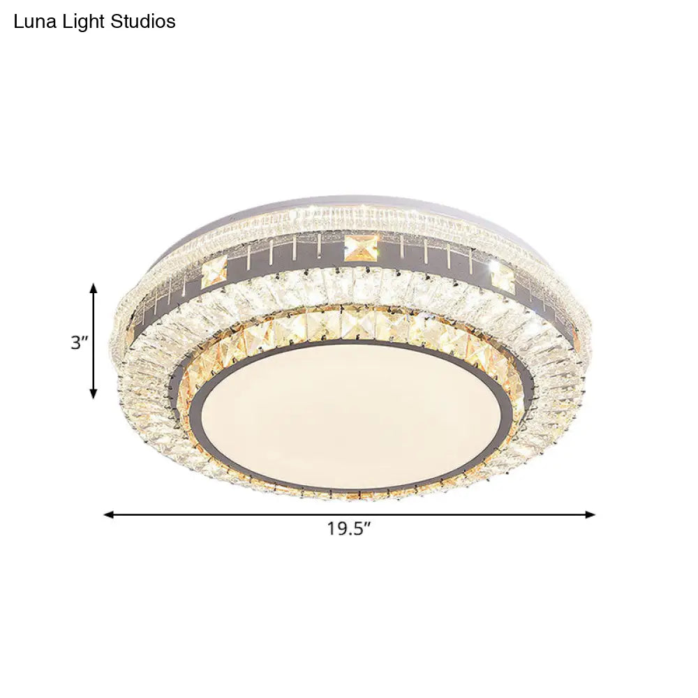 Clear Led Crystal Block Light Fixture - Modern Round Stainless-Steel Flush Mount For Great Room