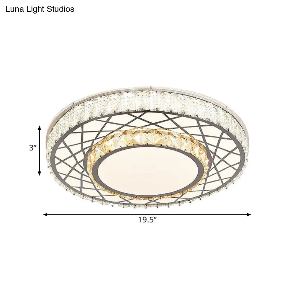 Clear Led Crystal Block Light Fixture - Modern Round Stainless-Steel Flush Mount For Great Room