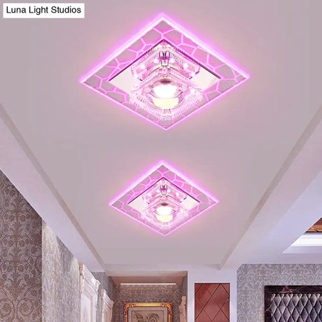 Clear Led Square Ceiling Lamp: Prismatic Crystal Flush Mount Fixture For Entryway - Minimalist
