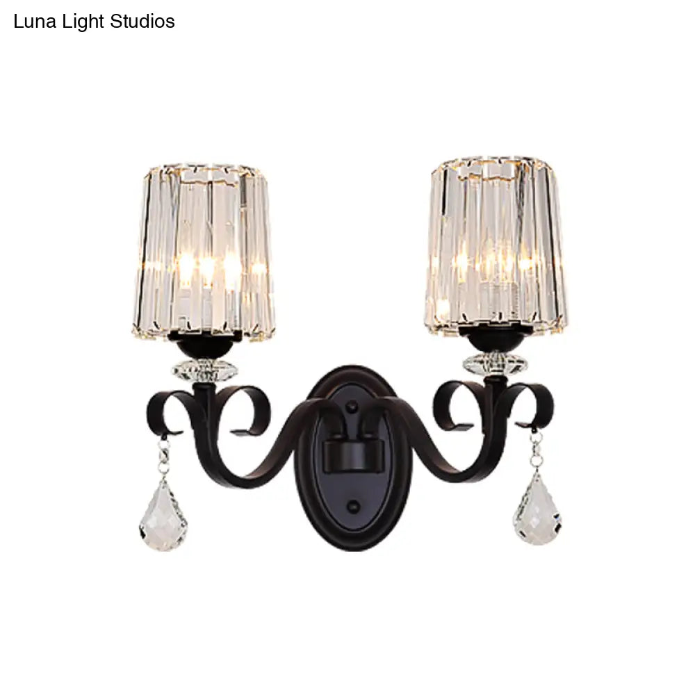 Clear Prismatic Crystal Sconce - Modern Black Cylinder Wall Mount Lamp For Living Room