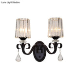 Clear Prismatic Crystal Sconce - Modern Black Cylinder Wall Mount Lamp For Living Room