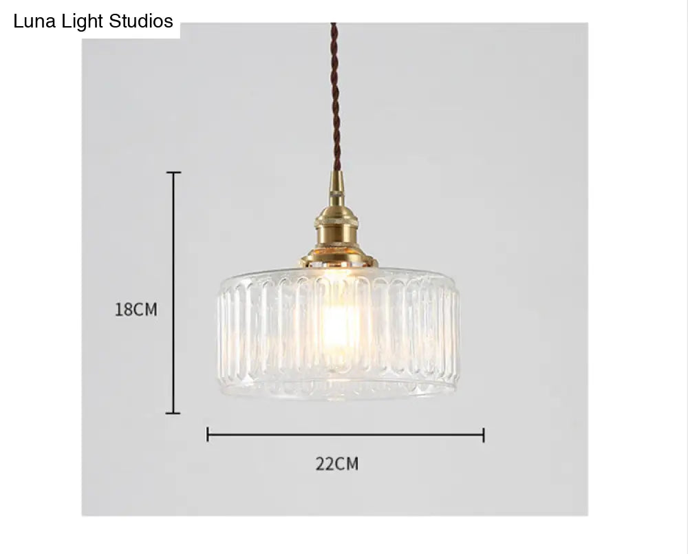 Clear Ribbed Glass Drum Pendant Lighting - Vintage 1-Light Lamp For Living Room