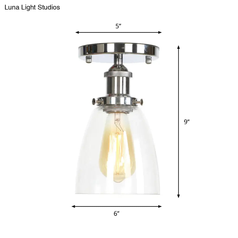 Clear Ribbed Glass Flushmount Farmhouse Bell - Chrome Ceiling Light