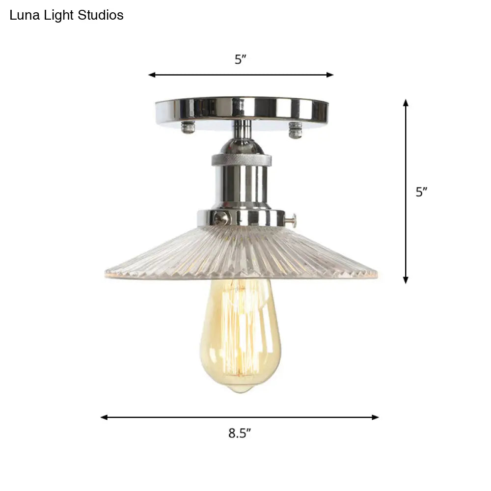 Clear Ribbed Glass Flushmount Farmhouse Bell - Chrome Ceiling Light