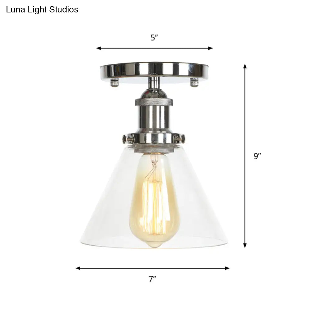 Clear Ribbed Glass Flushmount Farmhouse Bell - Chrome Ceiling Light