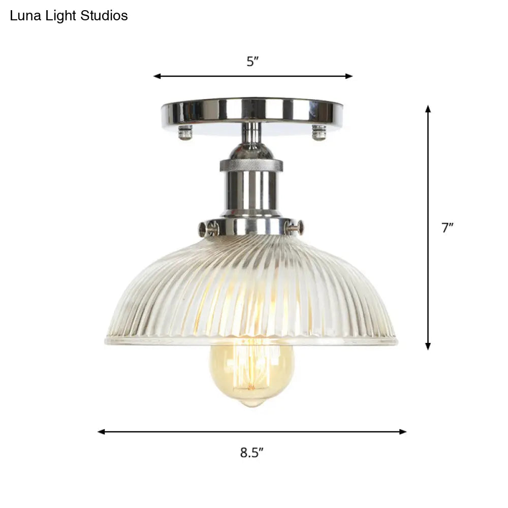 Clear Ribbed Glass Flushmount Farmhouse Bell - Chrome Ceiling Light